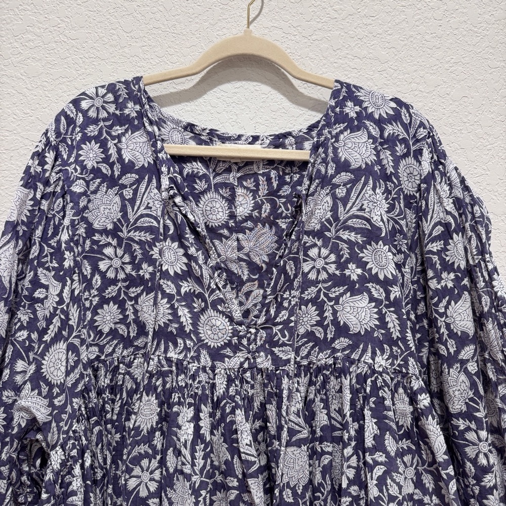 Daughters of India Kyra Mini Dress Cotton Blue Iris Boho Floral Flowy Blue 3XL - Picture 6 of 13